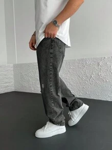Men Ripped Straight Leg Jeans - Dark Grey - View 4