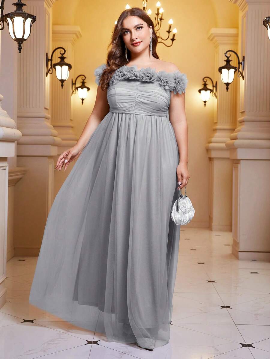 SHEIN Belle Plus Off Shoulder Appliques Ruched Formal Dress - Light Grey - View 1
