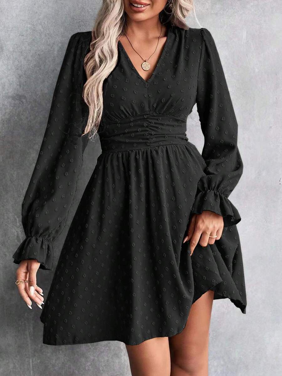 SHEIN Clasi Swiss Dot Flare Sleeve Ruched Waist Dress - Hitam - View 1