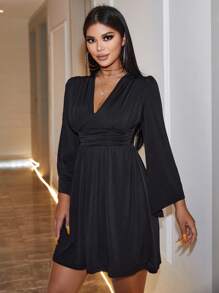 EURMUSE Plunging Neck Ruched Waist Dress - Black - View 5