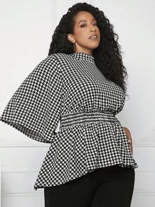 SHEIN CURVE+ 大碼千鳥格印花荷葉袖荷葉邊下擺T恤 - 黑與白 - 查看 5