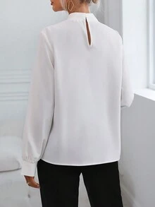 SHEIN Clasi Solid Mock Neck Ruffle Trim Blouse - White - View 2