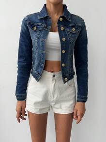 EURMUSE Flap Pocket Denim Jacket For Spring & Autumn - Dark Wash - View 3