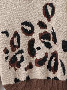 SHEIN Tween Girl Leopard Pattern Contrast Trim Sweater - Khaki - View 4