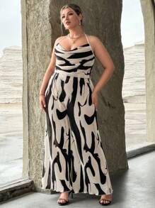 SHEIN Privé Plus Allover Print Drape Front Halter Top & Wide Leg Pants