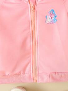 Baby Girl Cartoon Graphic Raglan Sleeve Zip Up Bomber Jacket - Pink - View 5