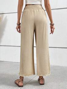 SHEIN VCAY 前紐扣闊腿褲 - 杏色 - 查看 2