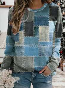 Patchwork Print Drop Shoulder Tee - Blue - View 1