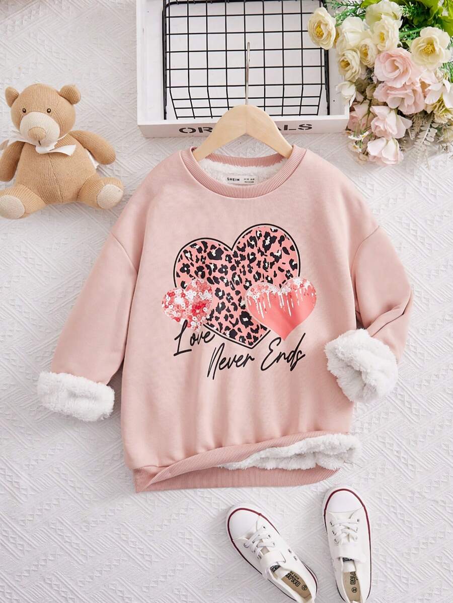 Tween Girl Heart & Letter Graphic Thermal Lined Pullover - Pink - View 1