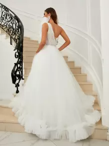 SHEIN Belle 單肩貼花網紗覆蓋婚紗洋裝