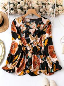 SHEIN Clasi 大碼印花荷葉邊下擺襯衫 - 彩色 - 查看 1