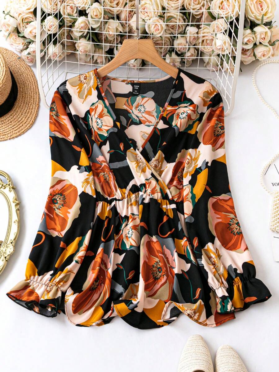 SHEIN Clasi 大碼印花荷葉邊下擺襯衫 - 彩色 - 查看 1