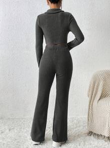 SHEIN PETITE Đồ đan Ribbed Áo phông Crop & Quần ống loe - Màu xám đen - Xem 2