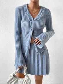 SHEIN LUNE Fringe Trim Ribbed Knit Cardigan & Knit Skirt - Blue - View 6