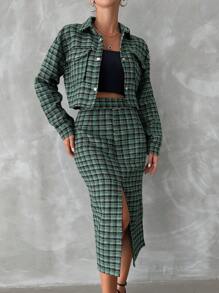 EURMUSE 格紋印花落肩袖夾克&高衩半身裙 - 彩色 - 查看 1