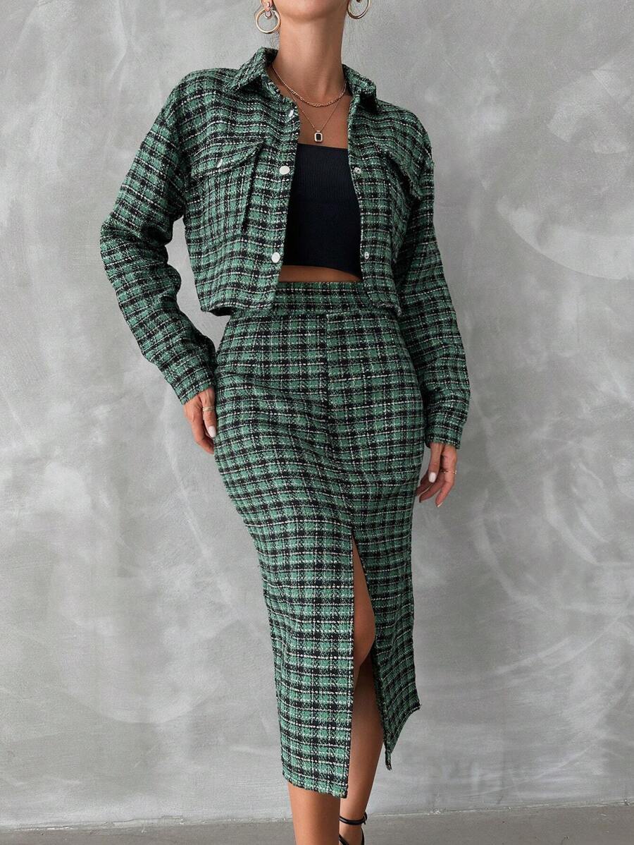 EURMUSE 格紋印花落肩袖夾克&高衩半身裙 - 彩色 - 查看 1