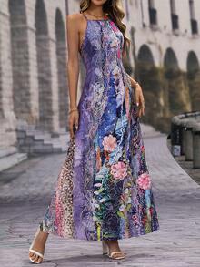 SHEIN Unity Floral & Leopard Print Halter Dress - Multicolor - View 3