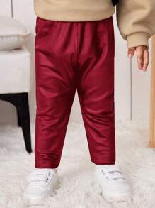 SHEIN Leap Crew Baby Girls' Relaxed Fit, Elastic Waist, Solid Color Leggings - Burgundy - View 3