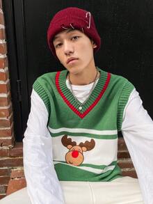 Manfinity Hypemode 男士1入組卡通刺繡條紋飾邊V領毛衣背心不帶T恤 - 綠色 - 查看 6