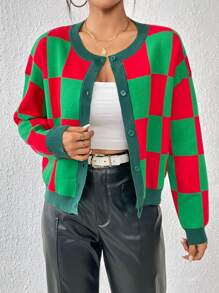 SHEIN Essnce Mô hình bàn cờ Thả vai Áo len Mở - Nhiều màu - Xem 3