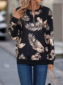 SHEIN LUNE Tropical Print Notched Neckline Drop Shoulder Sweatshirt Pullover Fall Sweatshirt - Black - View 6