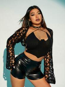 SHEIN ICON Plus Halloween Hollow Out Trumpet Sleeve Crop Cardigan With Bandana Hem Knit Top