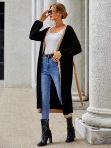 SHEIN Clasi 撞色飾邊燈籠袖束帶開衫 - 黑色 - 查看 5