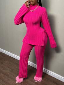 Slaydiva Mock Neck Split Hem Sweater & Knit Pants - Hot Pink - View 3