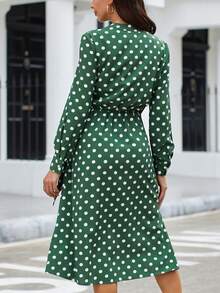SHEIN Clasi In vết tròn Polka Váy có thắt lưng - màu xanh lá - Xem 2