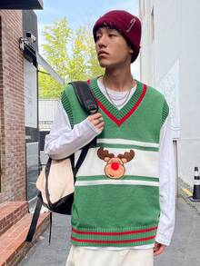 Manfinity Hypemode 男士1入組卡通刺繡條紋飾邊V領毛衣背心不帶T恤 - 綠色 - 查看 5