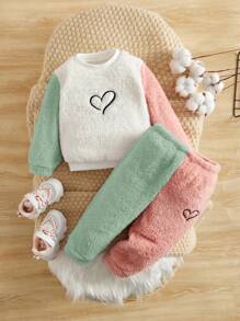 SHEIN 女嬰愛心刺繡撞色絨毛衛衣和褲子 - 彩色 - 查看 1