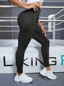 SHEIN Sports Plus Size Graphic Print Wideband Waist Sports Leggings Yoga Women Pants - Black - View 4