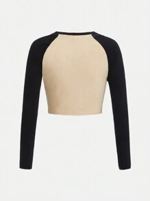 SHEIN 圓領休閒長袖顏色塊T恤，印有口號圖案和縫袖設計，適合春秋季節，女孩專屬 - 杏色 - 查看 2