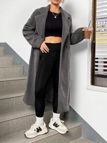 SHEIN EZwear Abrigo de Teddy con cuello de solapa y doble botón para otoño/invierno - Gris Oscuro - Ver 3