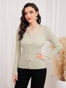 Modelyn Cut Out Button Front Sweater Knit Pullover Fall Winter Outfit