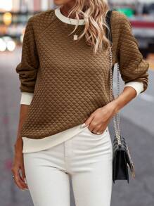 SHEIN LUNE 拼接邊插肩袖運動衫 - 卡其色 - 查看 1