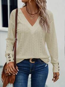 SHEIN LUNE Eyelet Embroidery Drop Shoulder Tee - Khaki - View 6