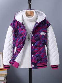Tween Boy 1pc Camo Print Letter Patched Striped Trim Hooded Quilted Coat