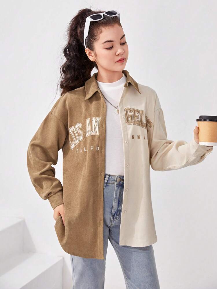Teen Girl Letter Graphic Two Tone Drop Shoulder Corduroy Shirt