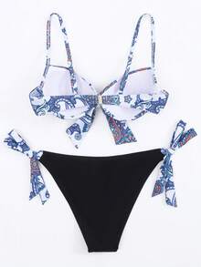 Paisley Print Knot Front Push Up Bikini Set - Multicolor - View 5