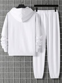 Manfinity Homme 男士字母圖案袋鼠口袋抽繩連帽衫和運動褲 - 白色 - 查看 3