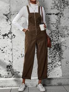 SHEIN Frenchy Zip Up Corduroy Overall Jumpsuit Without Tee - Brown - View 5