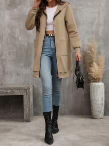 SHEIN Frenchy 雙口袋拉鏈連帽衫 - 卡其色 - 查看 5