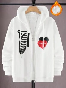 Manfinity LEGND 男士寬鬆設計心臟和骷髏印花帽衫,帶拉鍊閉合和保暖襯裡,不含t恤