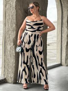 SHEIN Privé Plus Allover Print Drape Front Halter Top & Wide Leg Pants