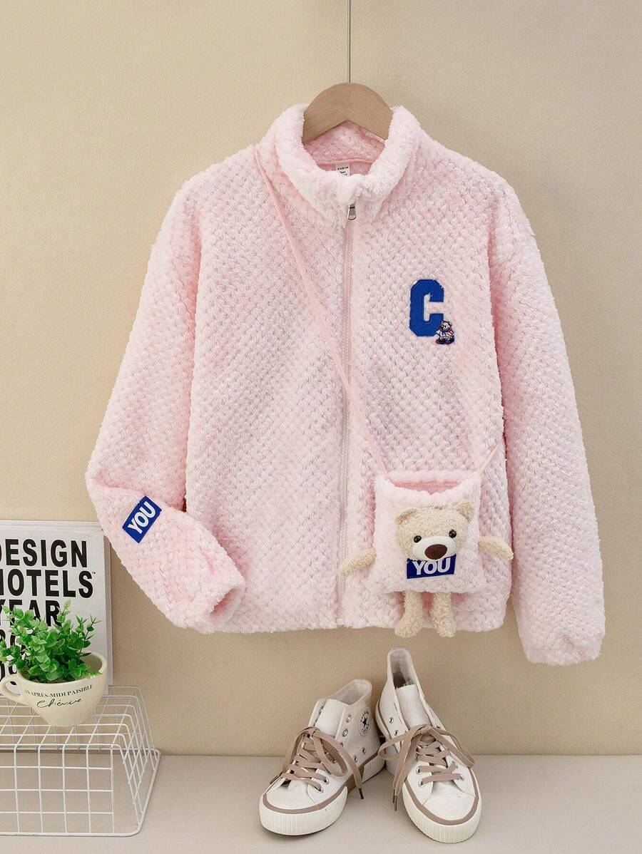 SHEIN Tween Girl Letter Patched Drop Shoulder Jacket With Bag - Baby Pink - View 1