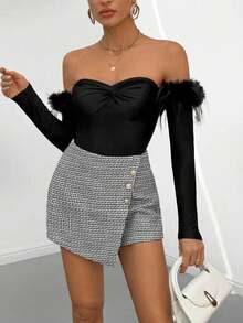 SHEIN Privé Off Shoulder Trang trí Fuzzy Mặt trước xoắn Áo liền quần chặt - màu đen - Xem 5