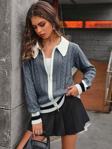 SHEIN Unity 拼接邊拉鏈開襟開襟衫 - 淺灰色 - 查看 3