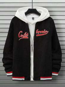 Aesthetic Post--Men Letter Embroidery Striped Trim Teddy Bomber Jacket Without Hoodie - Black - View 1