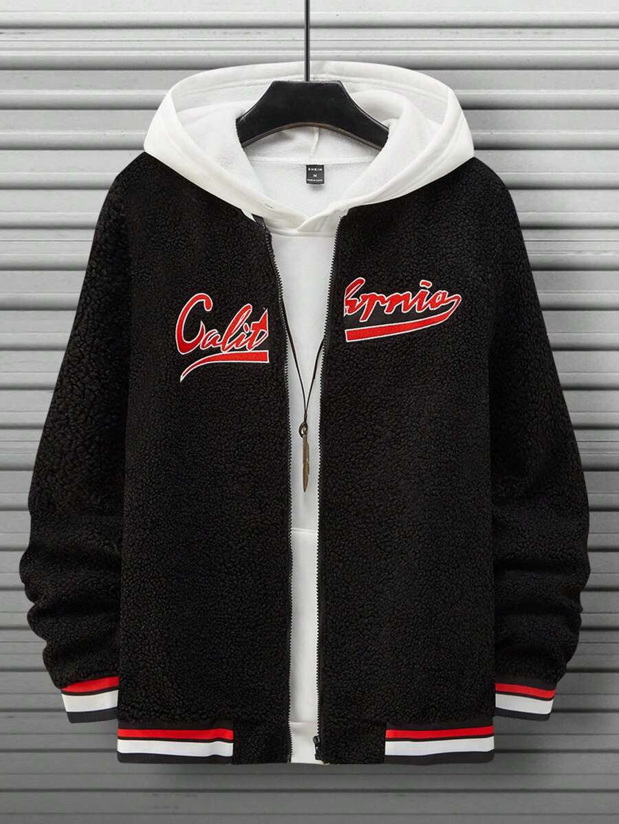 Aesthetic Post--Men Letter Embroidery Striped Trim Teddy Bomber Jacket Without Hoodie - Black - View 1